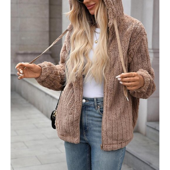 Womens Fleece Jacket Fall Winter Full Zip Sherpa Coat with Hood S-5XL - Picture 4 of 6